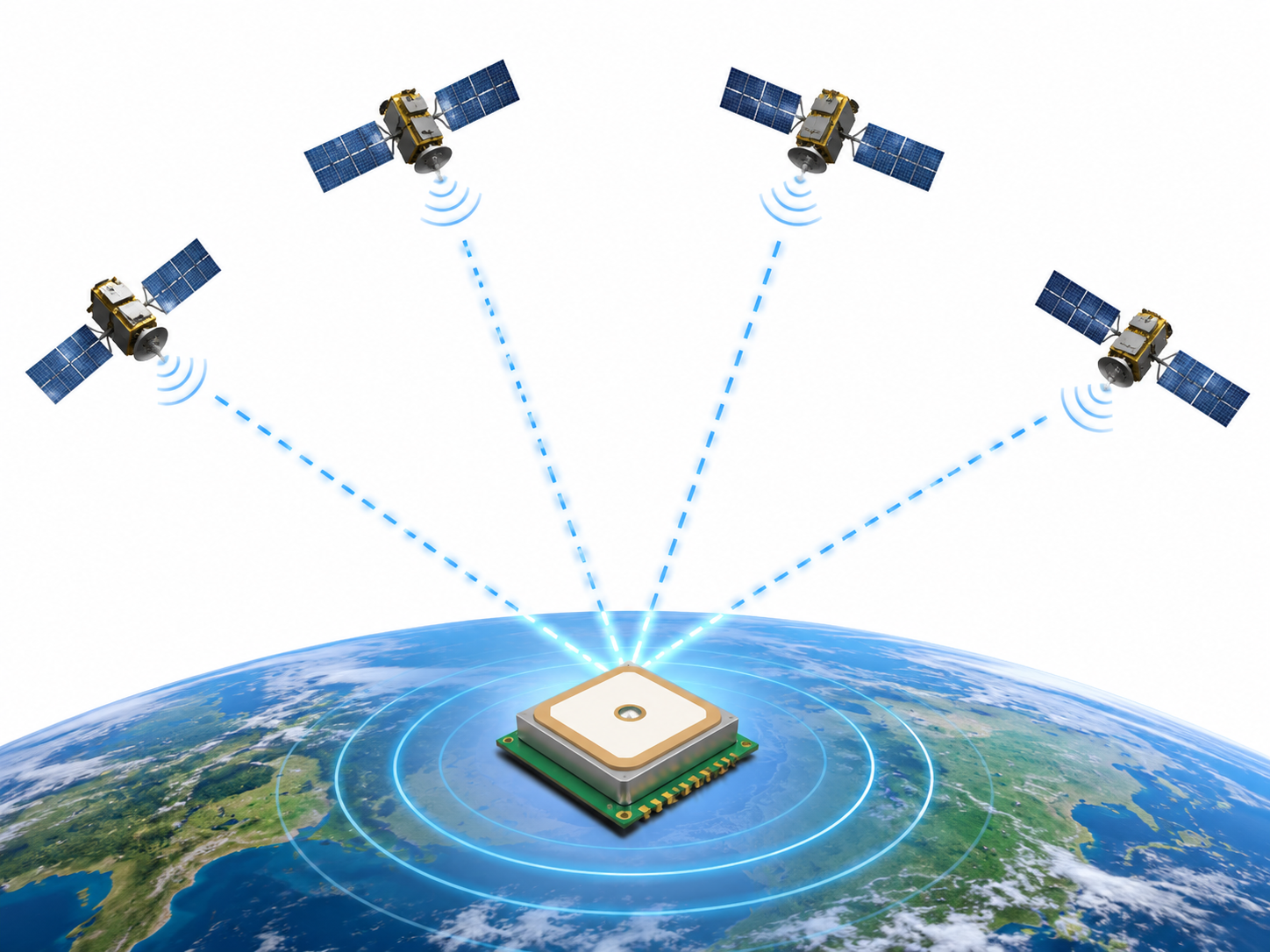The antenna captures very weak signals from visible satellites.