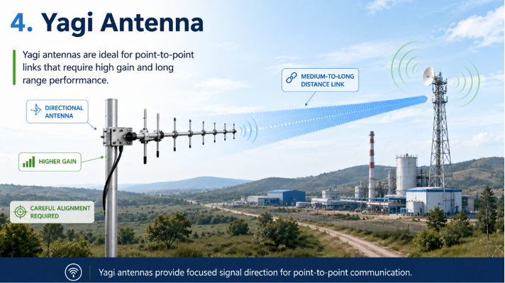 Yagi antennas provide focused signal direction for point-to-point communication.
