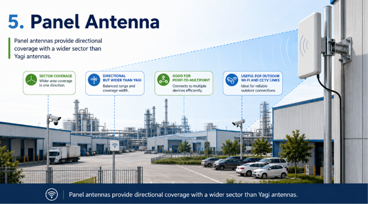 Panel antennas provide directional coverage with a wider sector than Yagi antennas.